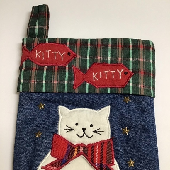 Cat Christmas Stocking Picture Frame Kitten Kitty Pet Applique Plaid Denim Stars - Picture 9 of 13